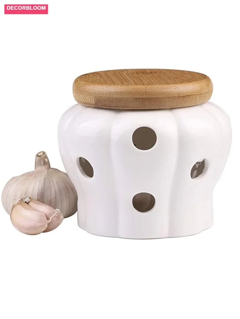 Ceramic Garlic Storage Container with Bamboo Lid - Ventilated Kitchen Canister